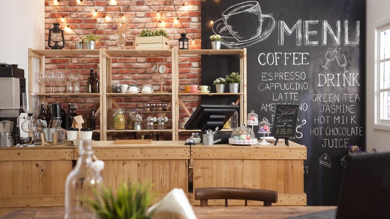 3D render of cafe interior with wooden design counter