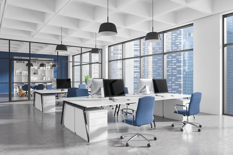 Contemporary office interior with ergonomic furniture and desks