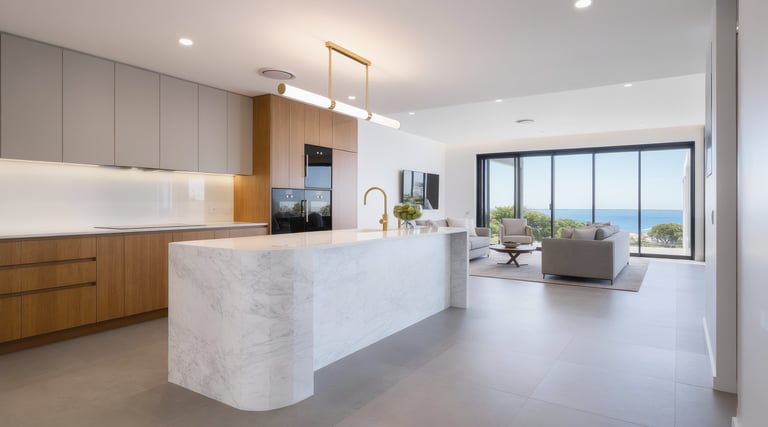 Modern kitchen with marble island, wood cabinetry, and ocean view through large sliding glass doors
