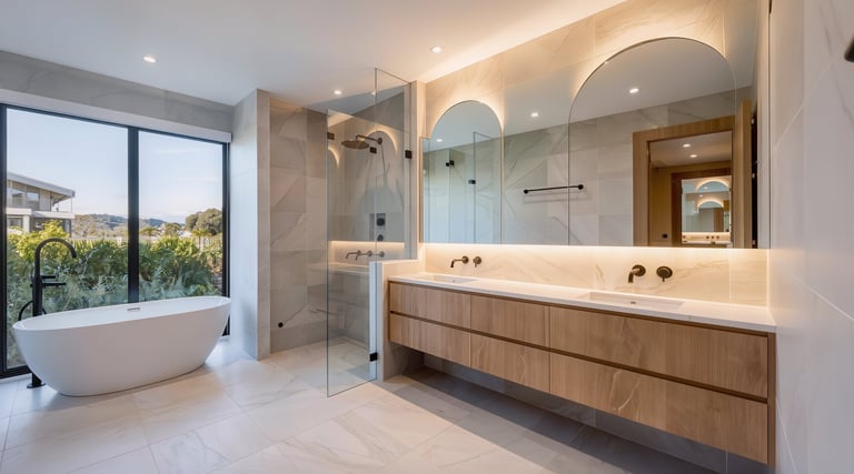 Modern luxury bathroom with dual vanity, large mirror, freestanding bathtub, walk-in shower