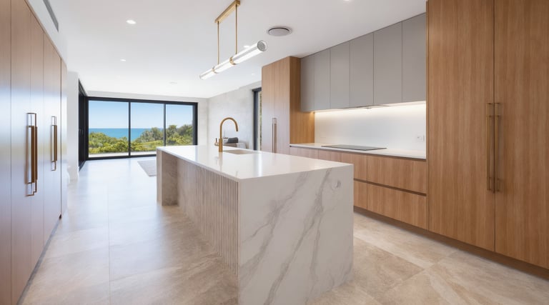 Modern kitchen with marble island, wood cabinetry, white countertops, and large window overlooking landscape