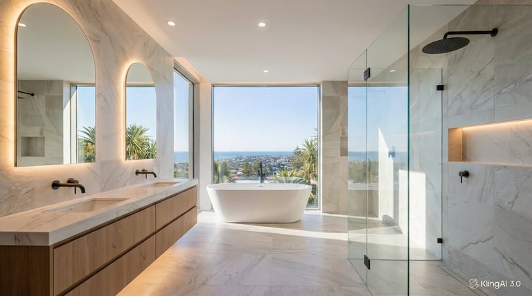 Luxurious modern bathroom with marble floors, floating vanity, freestanding tub, glass shower enclosure, and panoramic city views