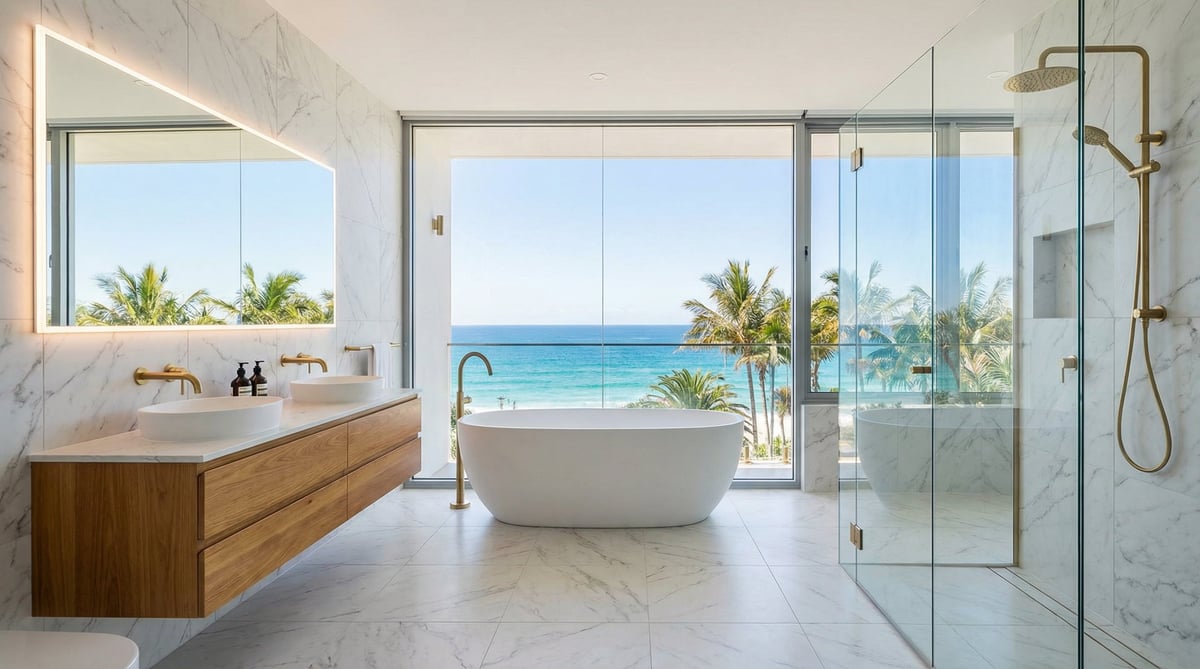 Luxury oceanfront bathroom with white marble, freestanding bathtub, wooden vanity, and glass shower overlooking tropical beach and blue ocean