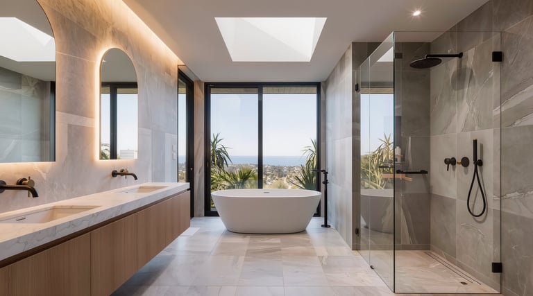 Modern luxury bathroom with double vanity, freestanding tub, walk-in shower, and mountain views through large windows