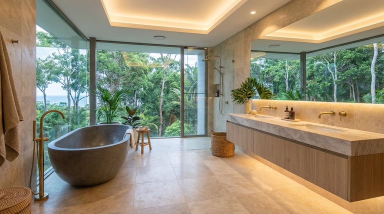 Modern luxury bathroom with freestanding stone tub, wooden vanity, and floor-to-ceiling windows overlooking forest views