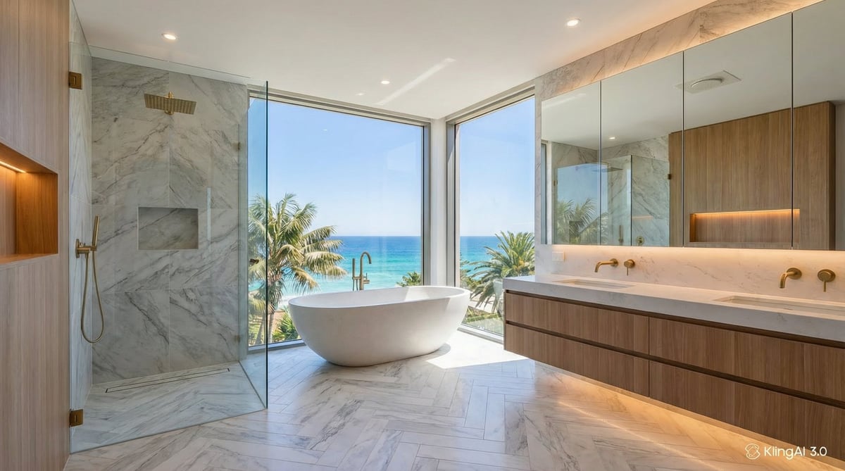 Luxury modern bathroom with freestanding white bathtub, marble finishes, ocean views