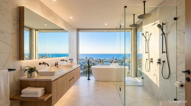 Modern luxury bathroom with ocean view, floating vanity, freestanding tub, walk-in shower, and marble finishes